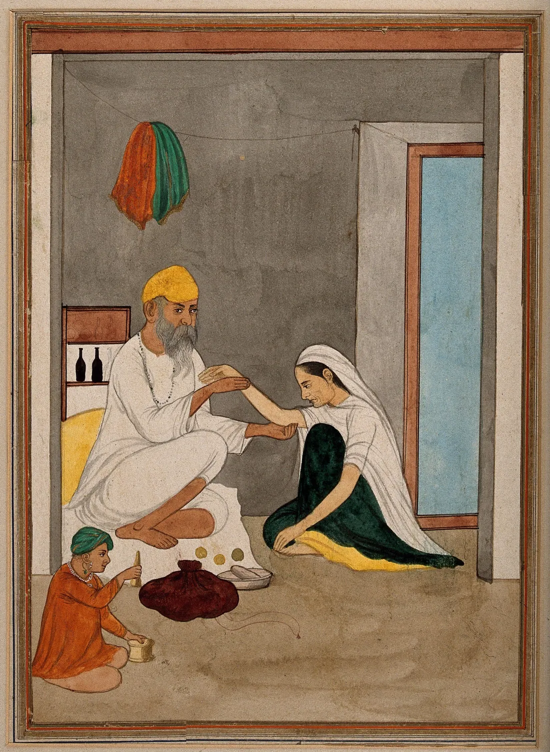 Watercolour of a physician reading a seated woman's pulse while an apprentice grinds medicine in a mortar.